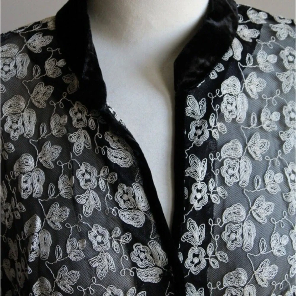 Talbots Embroidered‎ Velvet Trim formal Jacket semi-sheer Button Front